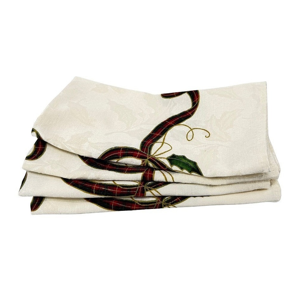 Lenox Cloth Napkins Christmas Holly Plaid Ribbon Damask Cream Set of 4 Square